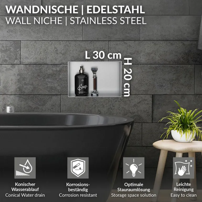 Duschnische 30x20 cm Silber aus Edelstahl Unterputz Rahmen Wandnische Duschablage LuxeBath