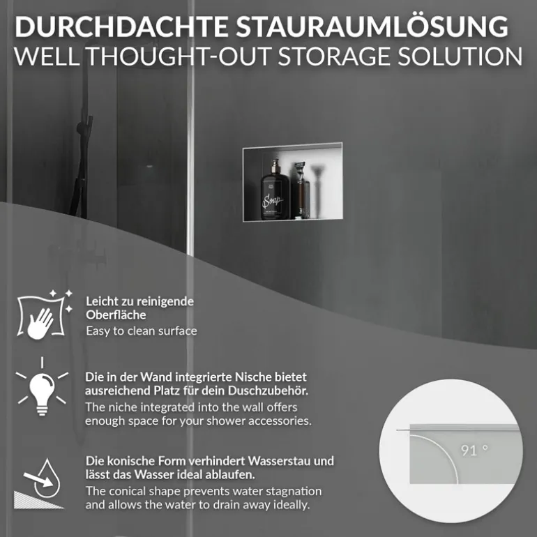 Duschnische 30x20 cm Silber aus Edelstahl Unterputz Rahmen Wandnische Duschablage LuxeBath