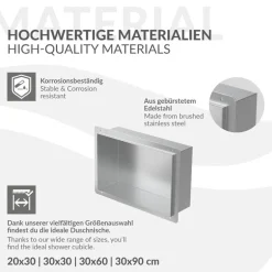Duschnische 30x20 cm Silber aus Edelstahl Unterputz Rahmen Wandnische Duschablage LuxeBath