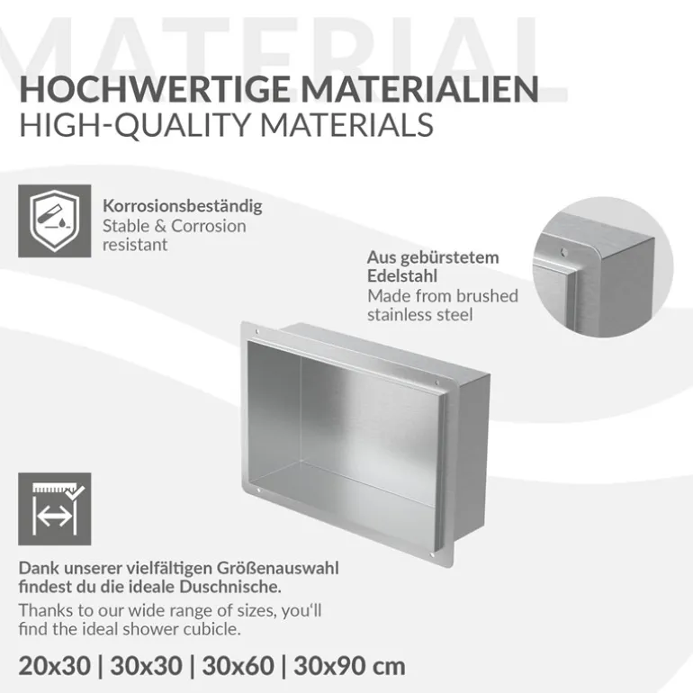 Duschnische 30x20 cm Silber aus Edelstahl Unterputz Rahmen Wandnische Duschablage LuxeBath