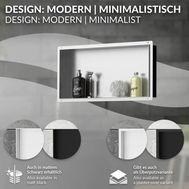Duschnische 60x30 cm Silber aus Edelstahl Unterputz Rahmen Wandnische Duschablage LuxeBath