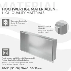 Duschnische 60x30 cm Silber aus Edelstahl Unterputz Rahmen Wandnische Duschablage LuxeBath