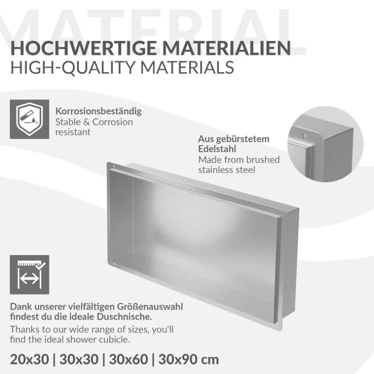 Duschnische 60x30 cm Silber aus Edelstahl Unterputz Rahmen Wandnische Duschablage LuxeBath