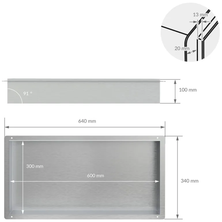 Duschnische 60x30 cm Silber aus Edelstahl Unterputz Rahmen Wandnische Duschablage LuxeBath