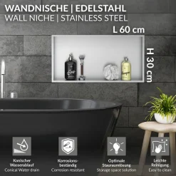 Duschnische 60x30 cm Silber aus Edelstahl Wandnische Duschablage LuxeBath
