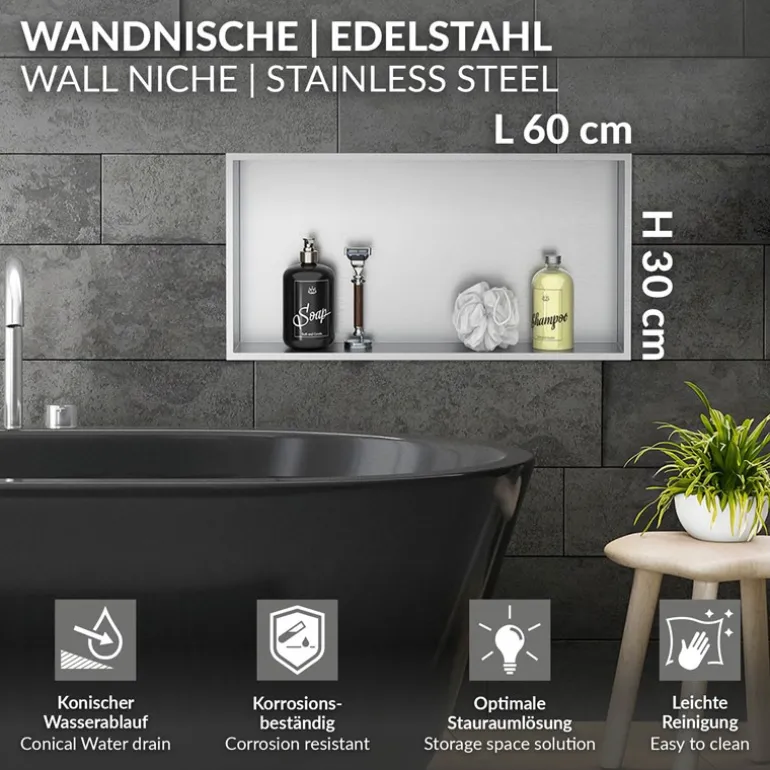 Duschnische 60x30 cm Silber aus Edelstahl Wandnische Duschablage LuxeBath