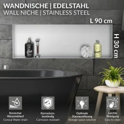 Duschnische 90x30 cm Silber aus Edelstahl Unterputz Rahmen Wandnische Duschablage LuxeBath