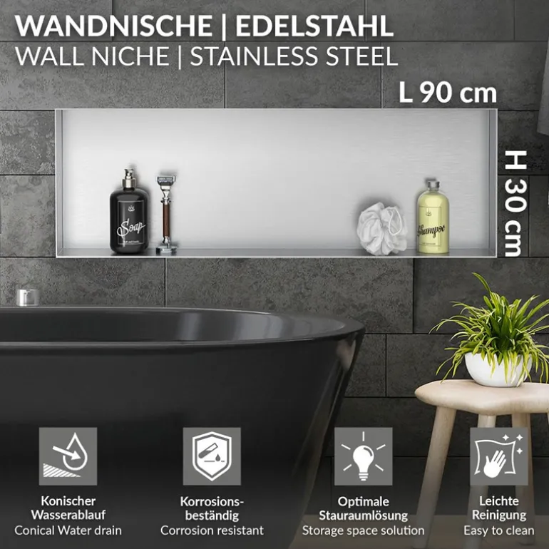 Duschnische 90x30 cm Silber aus Edelstahl Unterputz Rahmen Wandnische Duschablage LuxeBath