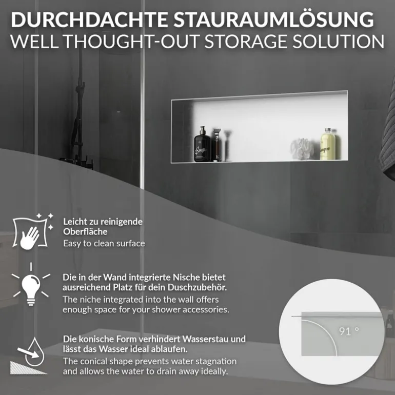 Duschnische 90x30 cm Silber aus Edelstahl Unterputz Rahmen Wandnische Duschablage LuxeBath