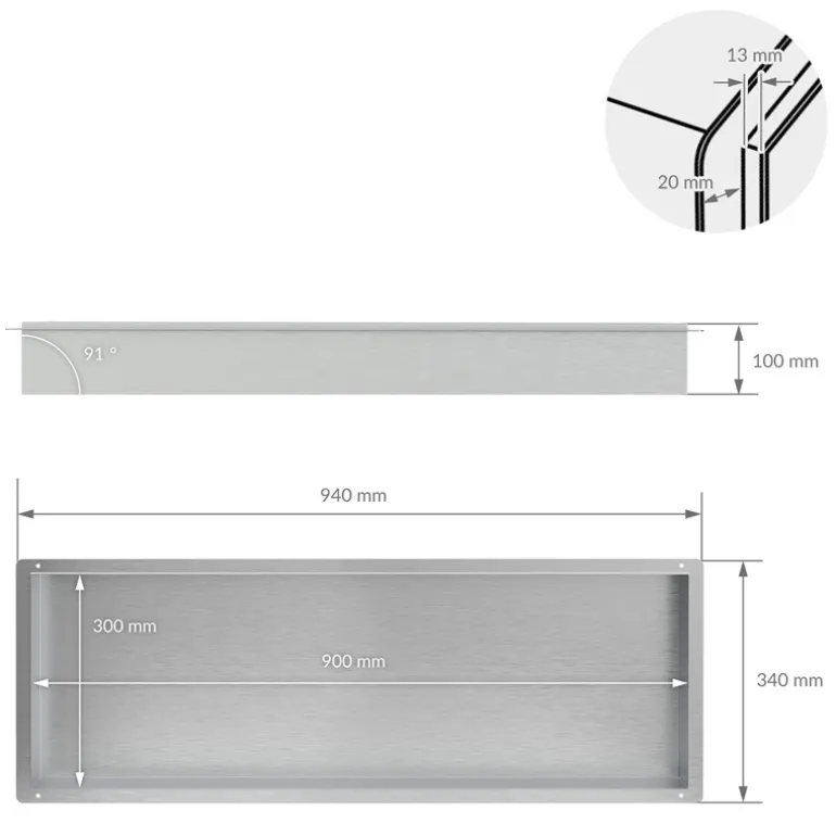 Duschnische 90x30 cm Silber aus Edelstahl Unterputz Rahmen Wandnische Duschablage LuxeBath