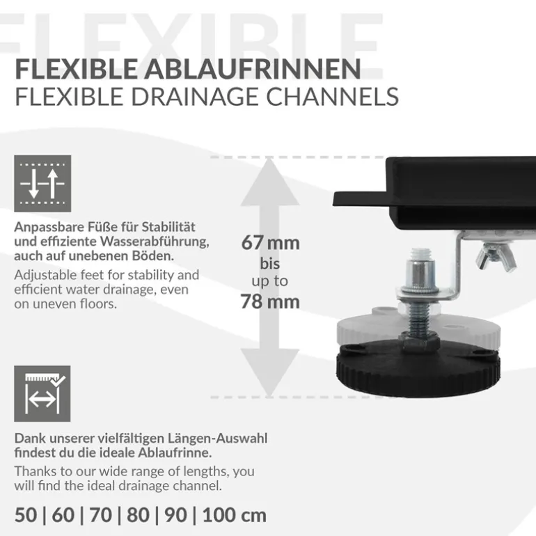 Duschrinne 70 cm befliesbar Schwarz mit Siphon & Haarsieb 2in1 LuxeBath