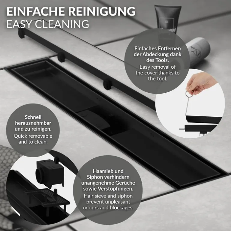Duschrinne 70 cm befliesbar Schwarz mit Siphon & Haarsieb 2in1 LuxeBath