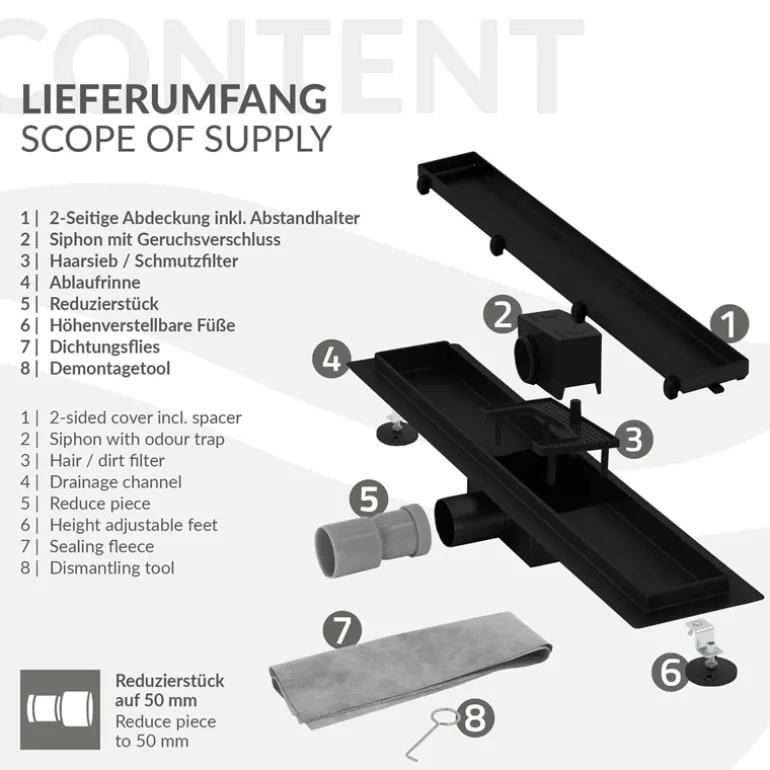 Duschrinne 70 cm befliesbar Schwarz mit Siphon & Haarsieb 2in1 LuxeBath