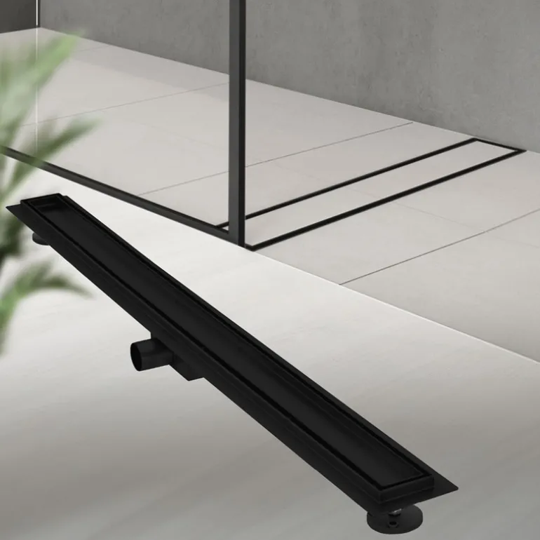 Edelstahl Duschrinne befliesbar 100 cm und Siphon Komplettset Schwarz flach LuxeBath