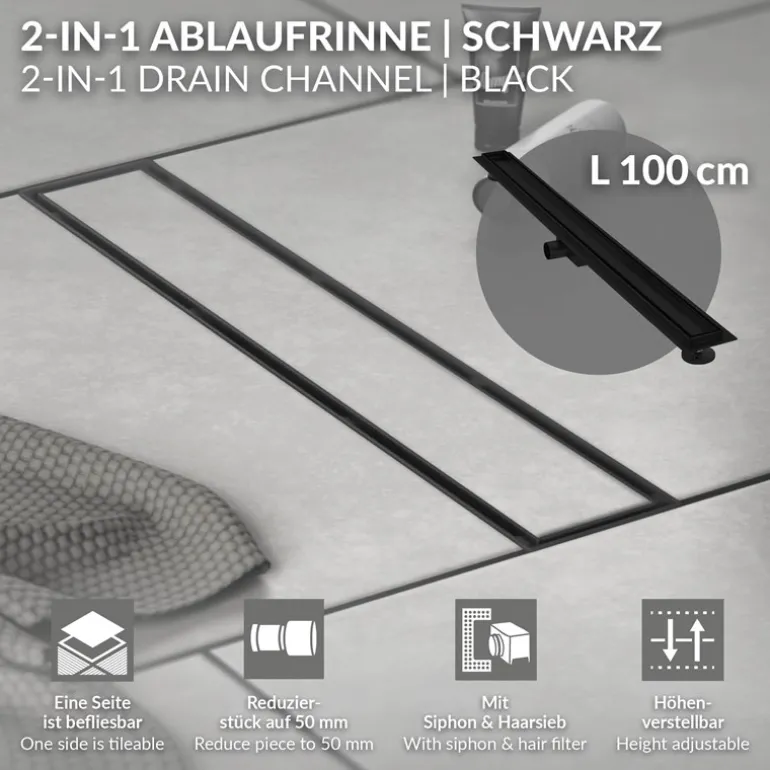 Edelstahl Duschrinne befliesbar 100 cm und Siphon Komplettset Schwarz flach LuxeBath