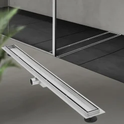 Edelstahl Duschrinne befliesbar 100 cm und Siphon Komplettset Silber flach LuxeBath