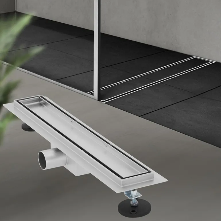Edelstahl Duschrinne befliesbar 50 cm und Siphon Komplettset Silber flach LuxeBath