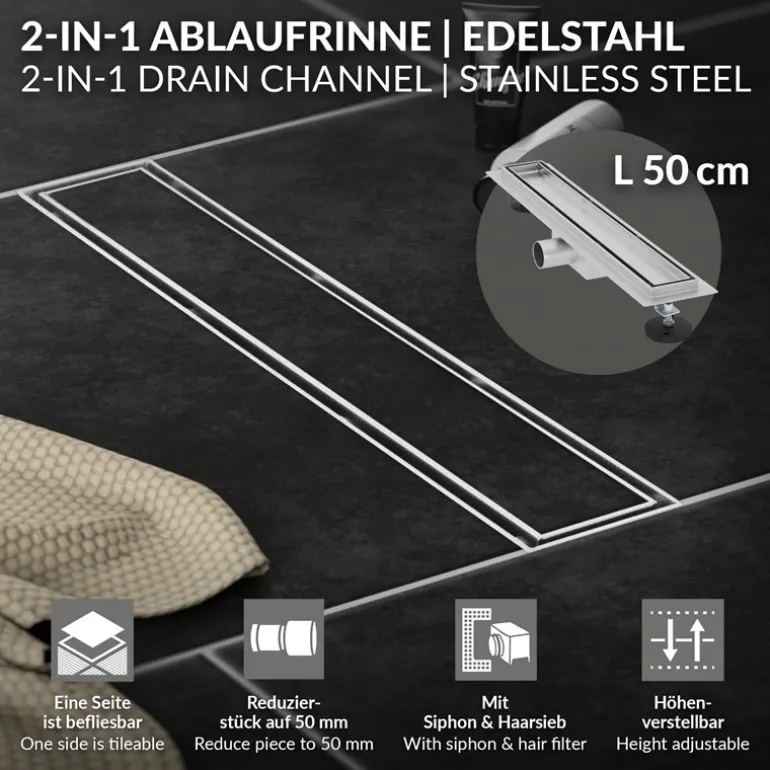 Edelstahl Duschrinne befliesbar 50 cm und Siphon Komplettset Silber flach LuxeBath