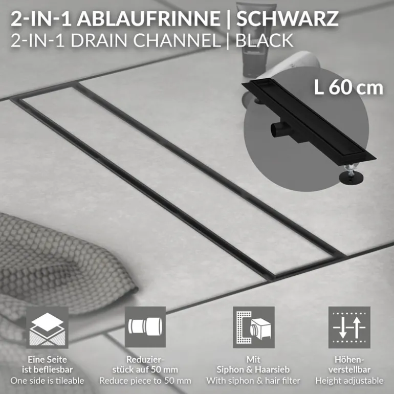 Edelstahl Duschrinne befliesbar 60 cm und Siphon Komplettset Schwarz flach LuxeBath