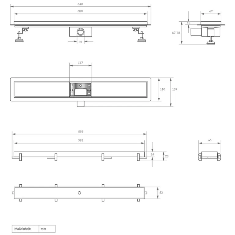 Edelstahl Duschrinne befliesbar 60 cm und Siphon Komplettset Schwarz flach LuxeBath