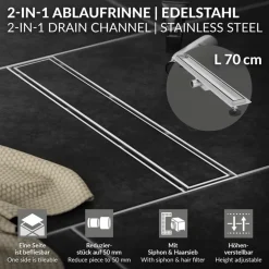 Edelstahl Duschrinne befliesbar 70 cm und Siphon Komplettset Silber flach LuxeBath