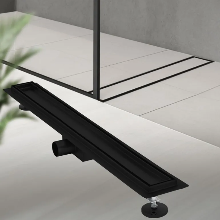 Edelstahl Duschrinne befliesbar 80 cm und Siphon Komplettset Schwarz flach LuxeBath