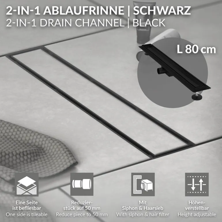 Edelstahl Duschrinne befliesbar 80 cm und Siphon Komplettset Schwarz flach LuxeBath