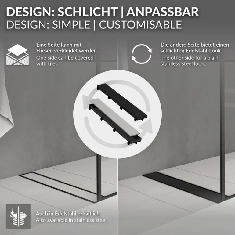Edelstahl Duschrinne befliesbar 80 cm und Siphon Komplettset Schwarz flach LuxeBath