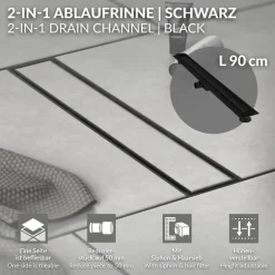 Edelstahl Duschrinne befliesbar 90 cm und Siphon Komplettset Schwarz flach LuxeBath