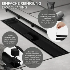 Edelstahl Duschrinne befliesbar 90 cm und Siphon Komplettset Schwarz flach LuxeBath