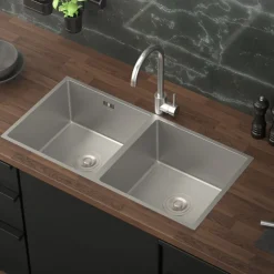 Einbauspüle mit Doppelbecken Silber Küchenspüle mit Ab- und Überlaufgarnitur aus Edelstahl ML-Design