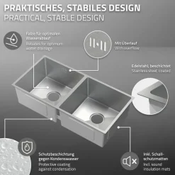 Einbauspüle mit Doppelbecken Silber Küchenspüle mit Ab- und Überlaufgarnitur aus Edelstahl ML-Design