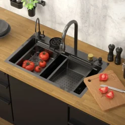Einbauspüle mit Wasserhahn Komplett Set 8-teilig Anthrazit 75x46 cm aus Edelstahl ML-Design