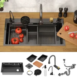 Einbauspüle mit Wasserhahn Komplett Set 8-teilig Anthrazit 80x46 cm aus Edelstahl ML-Design