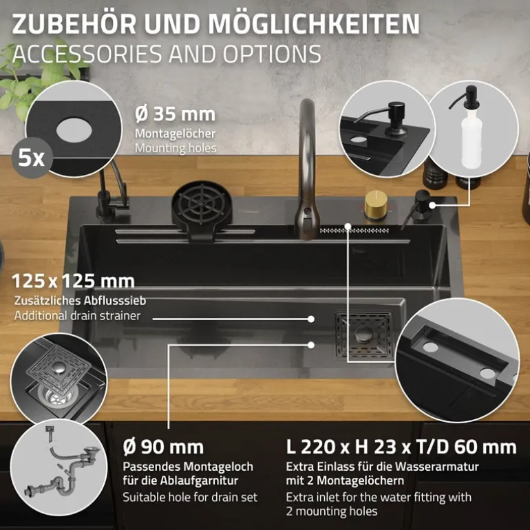 Einbauspüle mit Wasserhahn Komplett Set 8-teilig Anthrazit 80x46 cm aus Edelstahl ML-Design