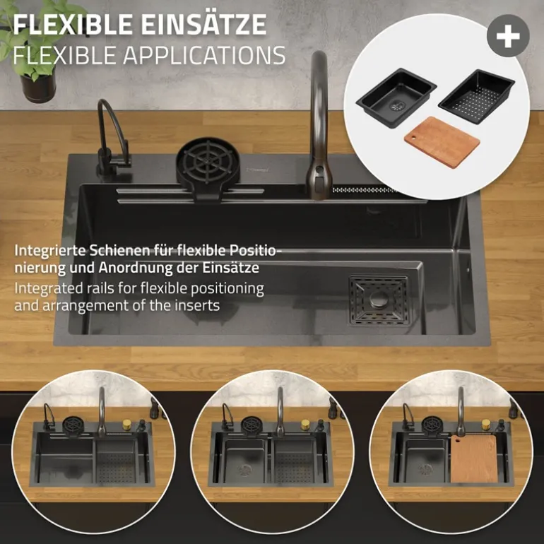 Einbauspüle mit Wasserhahn Komplett Set 8-teilig Anthrazit 80x46 cm aus Edelstahl ML-Design