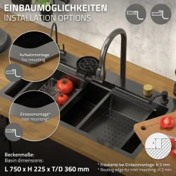 Einbauspüle mit Wasserhahn Komplett Set 8-teilig Anthrazit 80x46 cm aus Edelstahl ML-Design