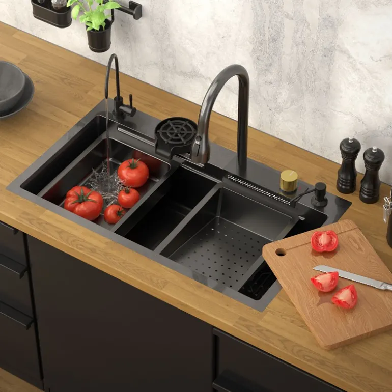 Einbauspüle mit Wasserhahn Komplett Set 8-teilig Anthrazit 80x46 cm aus Edelstahl ML-Design