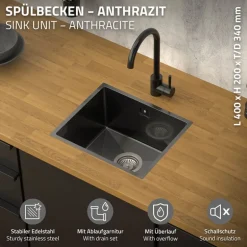 Einbauspüle 34x40 cm Anthrazit mit Ablaufgarnitur und Überlauf aus Edelstahl ML-Design