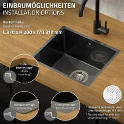 Einbauspüle 34x40 cm Anthrazit mit Ablaufgarnitur und Überlauf aus Edelstahl ML-Design