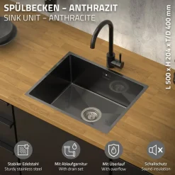 Einbauspüle 50x40 cm Anthrazit mit Ablaufgarnitur und Überlauf aus Edelstahl ML-Design