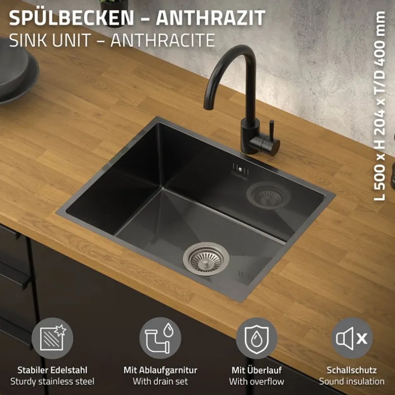 Einbauspüle 50x40 cm Anthrazit mit Ablaufgarnitur und Überlauf aus Edelstahl ML-Design