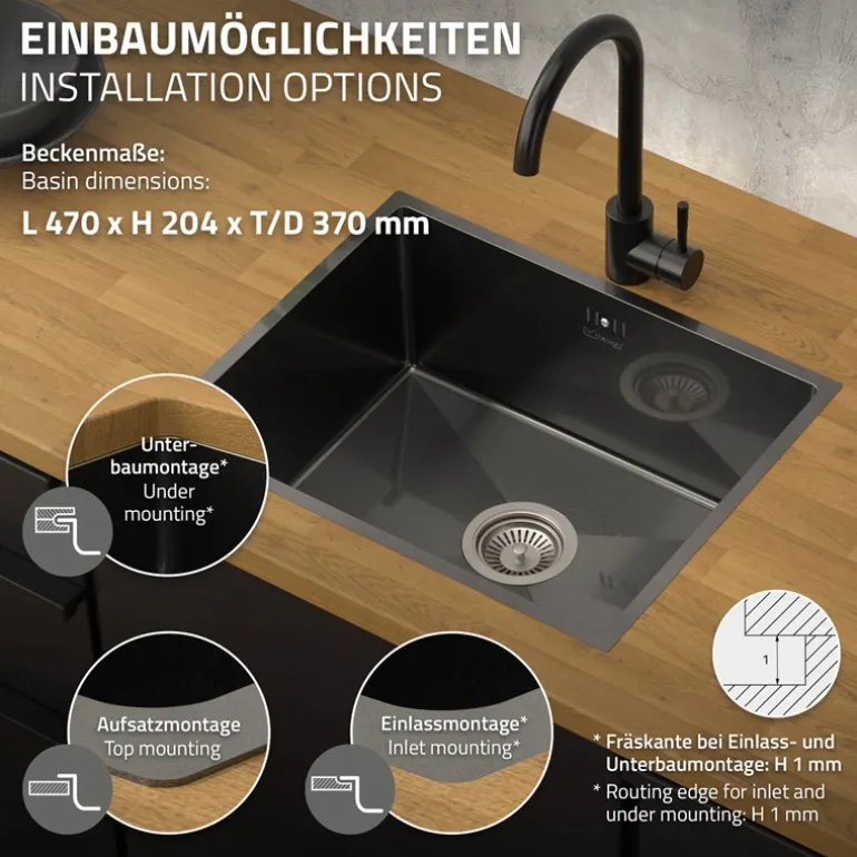 Einbauspüle 50x40 cm Anthrazit mit Ablaufgarnitur und Überlauf aus Edelstahl ML-Design