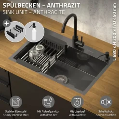 Einbauspüle 68x45 cm Anthrazit mit Ablaufgarnitur und Seifenspender Küchenspüle aus Edelstahl ML-Design
