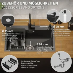 Einbauspüle 68x45 cm Anthrazit mit Ablaufgarnitur und Seifenspender Küchenspüle aus Edelstahl ML-Design