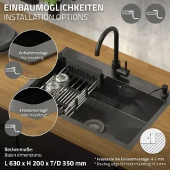 Einbauspüle 68x45 cm Anthrazit mit Ablaufgarnitur und Seifenspender Küchenspüle aus Edelstahl ML-Design