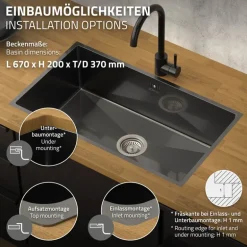 Einbauspüle 70x40 cm Anthrazit mit Ablaufgarnitur und Überlauf aus Edelstahl ML-Design