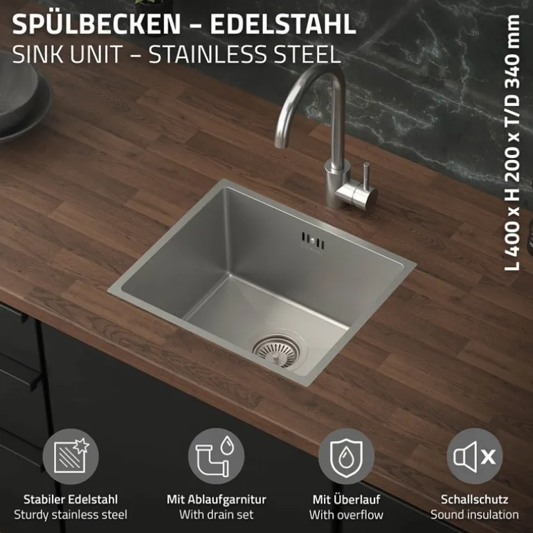 Einbauspüle 34x40 cm Silber mit Ablaufgarnitur und Überlauf aus Edelstahl ML-Design