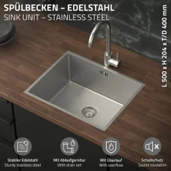 Einbauspüle 50x40 cm Silber mit Ablaufgarnitur und Überlauf aus Edelstahl ML-Design