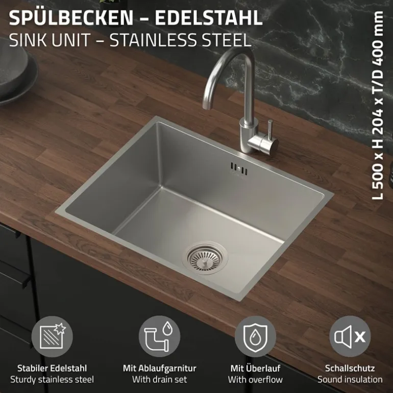 Einbauspüle 50x40 cm Silber mit Ablaufgarnitur und Überlauf aus Edelstahl ML-Design